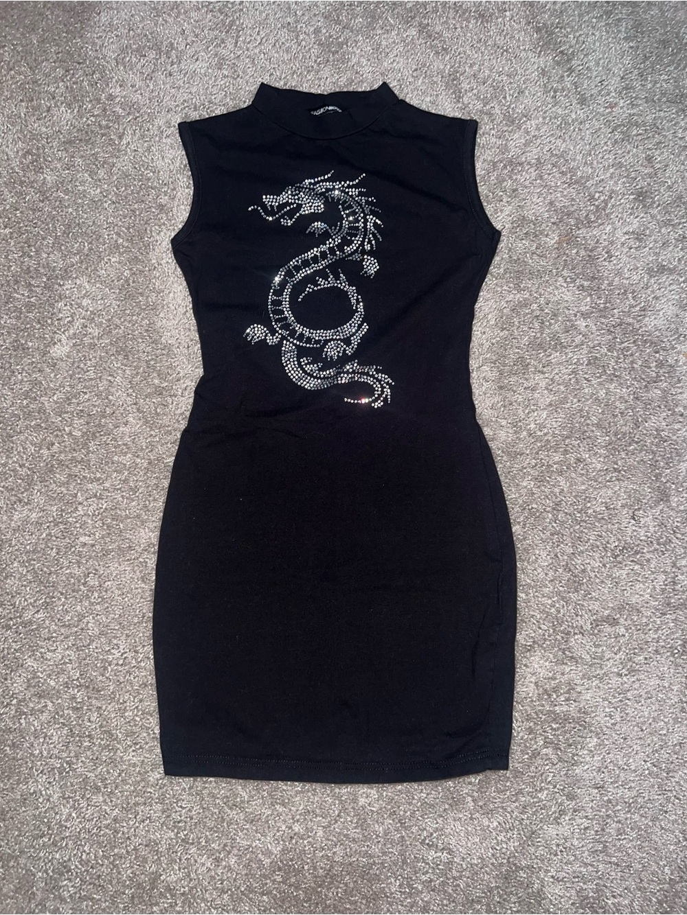 Fashion Nova Black Sleeveless Rhinestone Dragon Mini Dress